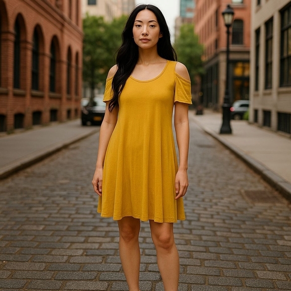 Gold DRESS Flowing Fit N Flair Soft Stretchy Mini Dress - Picture 2 of 7